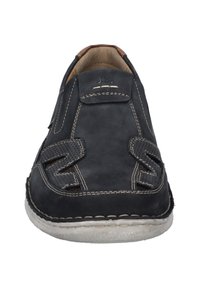 Schwarzer Leder-Schlupfschuh mit Netzdetails, Stickereien und einer Gummisohle. Verfügt über eine runde Zehenform und ein lässiges Design.