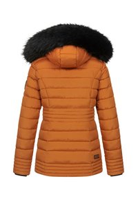 Padded orange winter coat with a black fur-trimmed hood, vertical quilting, and a fitted waist. Features elastic cuffs and a logo patch.