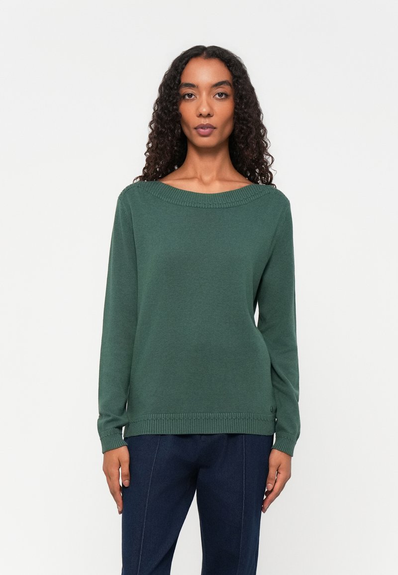 Green knit sweater with a wide round neckline, long sleeves, and ribbed cuffs and hem. Smooth texture with a contemporary fit.