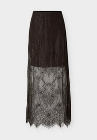 Must must midi seelik lillelise pitskattega, ühtlane vooder, mis ulatub reie keskele, ja läbipaistev pits, mis ulatub ääreni, kaunite laineliste servadega.