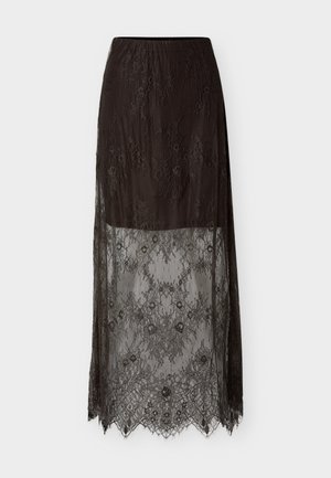 Must must midi seelik lillelise pitskattega, ühtlane vooder, mis ulatub reie keskele, ja läbipaistev pits, mis ulatub ääreni, kaunite laineliste servadega.