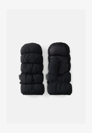 Moufles noires rembourrées avec texture matelassée ; l'une d'elles a un compartiment pour le pouce. Les deux moufles ont des poignets élastiques et une étiquette de logo.