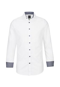 Camicia bianca a maniche lunghe con finitura texturizzata, polsini a motivi blu navy e bottoni scuri. Presenta un colletto classico e un bottone d'accento verde.