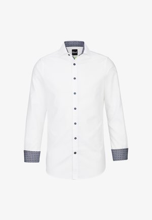 Camicia bianca a maniche lunghe con finitura texturizzata, polsini a motivi blu navy e bottoni scuri. Presenta un colletto classico e un bottone d'accento verde.