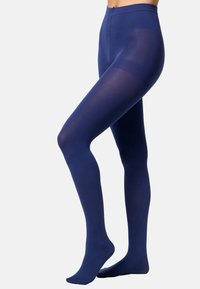 Granatowe rajstopy wykonane z elastycznego, gładkiego materiału. Posiadają bezszwowy design, wysoki stan i nieprzezroczyste wykończenie.