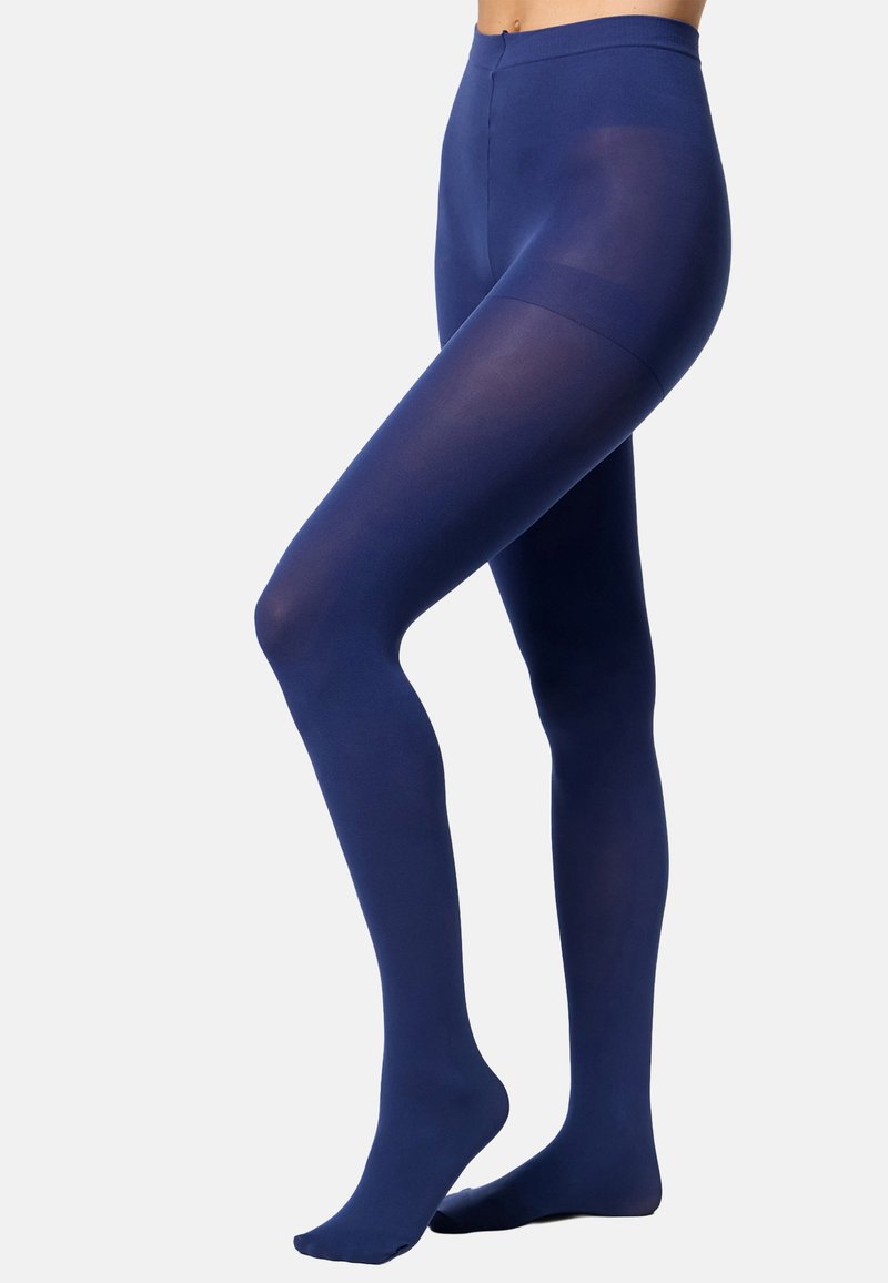 Granatowe rajstopy wykonane z elastycznego, gładkiego materiału. Posiadają bezszwowy design, wysoki stan i nieprzezroczyste wykończenie.