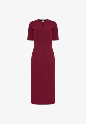 Abito aderente bordeaux con maniche corte, lunghezza al ginocchio, caratterizzato da un collo a chiave. Realizzato in tessuto liscio e elastico con un design pulito.