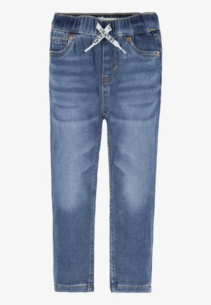 Blå børnejegins i denim med elastisk talje og hvide snørebånd mærket med "Levi's," med for- og baglommer.