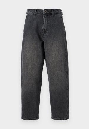 Pantalons en denim noir avec une coupe décontractée, un design à cinq poches et une fermeture à bouton, présentant une finition délavée et une coupe droite.