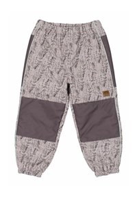 Gemusterte Hose in Hellrosa mit grünem Blumendesign, mit durchgehenden grauen Einsätzen, elastischem Bund und elastischen Bündchen an den Knöcheln.