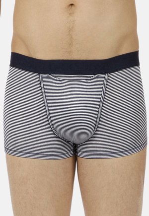 Boxer in microfibra a righe con un elastico blu navy; il tessuto presenta sottili righe orizzontali bianche e blu navy; morbido al tatto e con una vestibilità sagomata.