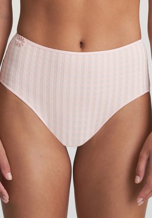 High-waisted pink checked underwear featuring a soft texture, elastic waistband, and a small decorative flower detail on the side.