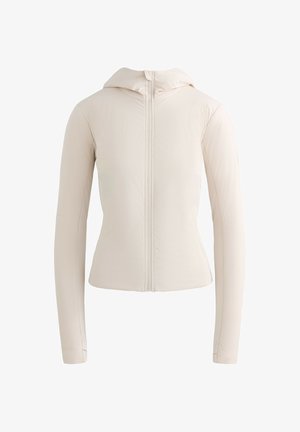 Light beige fitted hoodie with long sleeves and front zipper, shown from the back on a white background.