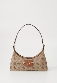 Geantă de umăr din pânză bej cu accente maro branduite, având o formă curbată, material textil cu model și o singură curea de umăr.