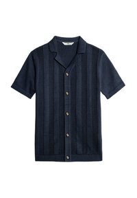 Cárdigan de manga corta en color azul marino con un patrón texturizado, cinco botones marrones y un cuello clásico. Fabricado en un material de punto.