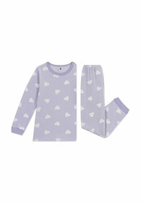 Pigiama a maniche lunghe di colore lilla chiaro con motivi a cuori bianchi, abbinato a pantaloni coordinati con vita elasticizzata e orli cuffi.