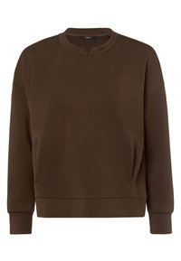 Brun sweatshirt med rund halsringning, sänkta axlar och ribbade ärmslut. Mjuk textur, med två sidfickor och en avslappnad passform.