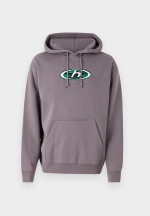 Gray hoodie with a front pocket, drawstring hood, and embroidered logo in green and white. Made from soft fabric with a smooth texture.