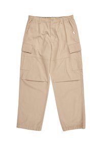 Pantaloni cargo beige realizzati in cotone, con vita elastica, molteplici tasche ampie e un design a gamba dritta ampia.