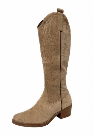 Beiger Wildleder-Cowboystiefel knielang mit gestickten dekorativen Mustern, Zuglasche oben und niedrigem Blockabsatz.