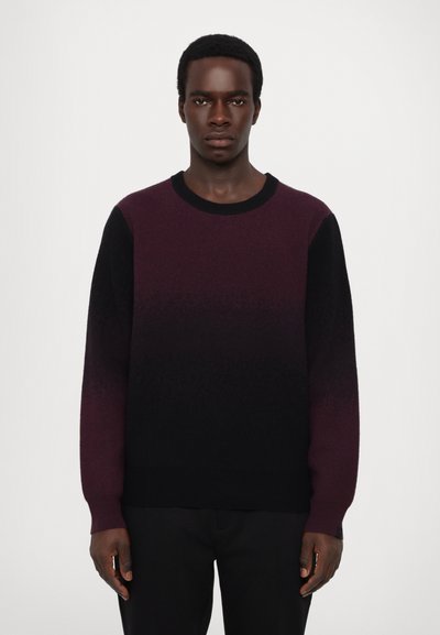 Dark purple to black gradient knit sweater with a crew neck and long sleeves. Soft texture, ribbed cuffs, and hem. Minimalist design.