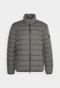 Dark gray puffer jacket with vertical stitching, high collar, full-length zipper, and two side pockets. Smooth, quilted texture.