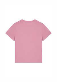 Korte roze t-shirt, korte mouwen, ronde hals, gemaakt van zachte katoen, gladde textuur, eenvoudig ontwerp zonder zichtbare patronen of details.
