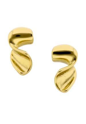 Cercei din metal auriu lucios, răsuciți, cu un design curbat și abstract în formă de buclă, prezentați pe un fundal alb.