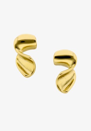 Gedrehte, glänzende Ohrringe aus goldenem Metall mit einem gebogenen, abstrakten Schlaufen-Design, dargestellt vor weißem Hintergrund.