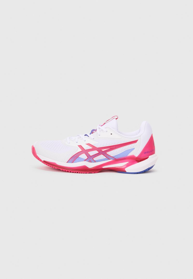 White athletic shoe with pink and blue accents. Features a mesh upper, textured sole, and prominent logo design on the side. Lightweight construction.