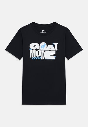 Black cotton t-shirt featuring a graphic design with the words "GOAT MODE" in white and blue, and an illustrated goat. Short sleeves, crew neck.