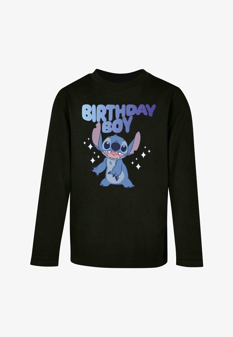 Black long-sleeve shirt featuring a blue cartoon character with large ears and the text "BIRTHDAY BOY" in purple above it, with star accents.