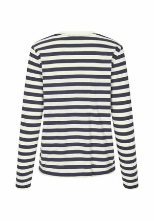 Langärmliges Shirt mit horizontalen Streifen in Marineblau und Creme, aus weichem Stoff gefertigt, mit Rundhalsausschnitt und lockerer Passform.