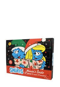Calendario dell'avvento a tema Puffi con 12 paia di calze da donna. Design colorato con personaggi blu, modelli rossi, verdi e stellati su sfondo nero.