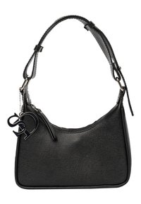 Borsa a tracolla in pelle nera con finitura testurizzata, forma curvilinea, manico superiore e dettaglio del logo su una catena. Chiusura con zip nella parte superiore.