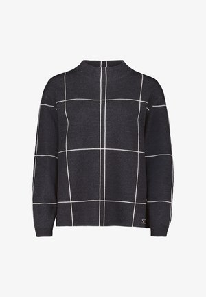 Pull en maille marine foncé avec un col montant, ornée d'un motif à carreaux blancs. Texture douce et manches longues, avec un petit logo en accent en bas.