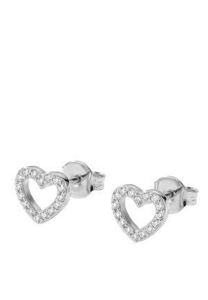 Silver heart-shaped stud earrings with small clear gemstones encrusted around the edges, featuring butterfly back closures.