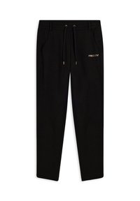 Pantalons de jogging noirs en tissu doux, avec une taille élastique et un cordon de serrage doré, des poches latérales et un logo doré sur la jambe gauche.