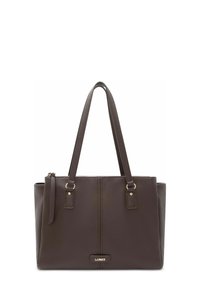 Borsa tote in pelle marrone con due manici, finitura texturizzata, due tasche frontali e dettaglio logo in tonalità oro nella parte inferiore. Chiusura superiore con cerniera.