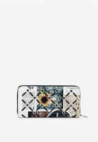 Zippered wallet with a mixed media design featuring floral and abstract patterns. Colors include white, blue, and yellow. Textured accents present.