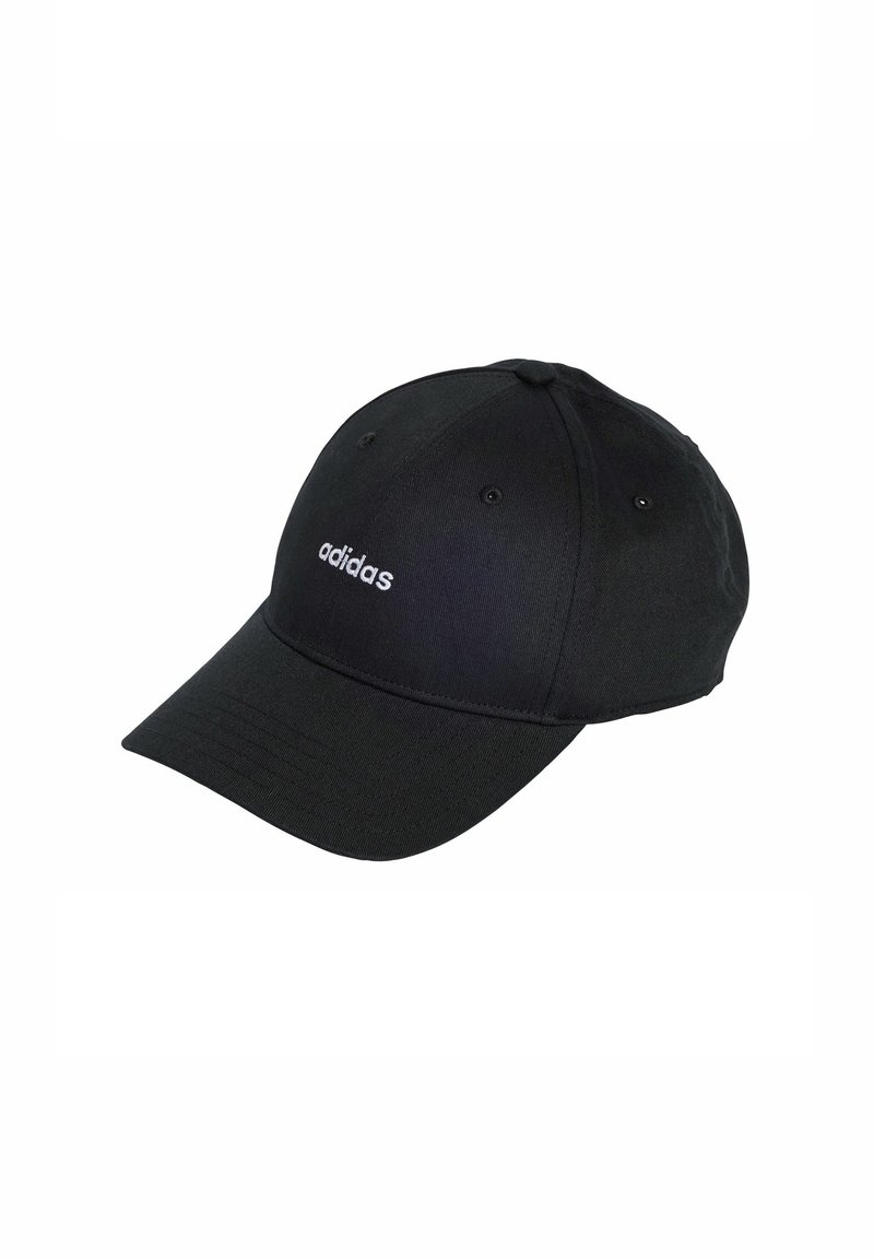 Black cap made of fabric with a curved brim. Features white "adidas" logo on the front, six panels, and ventilation eyelets.