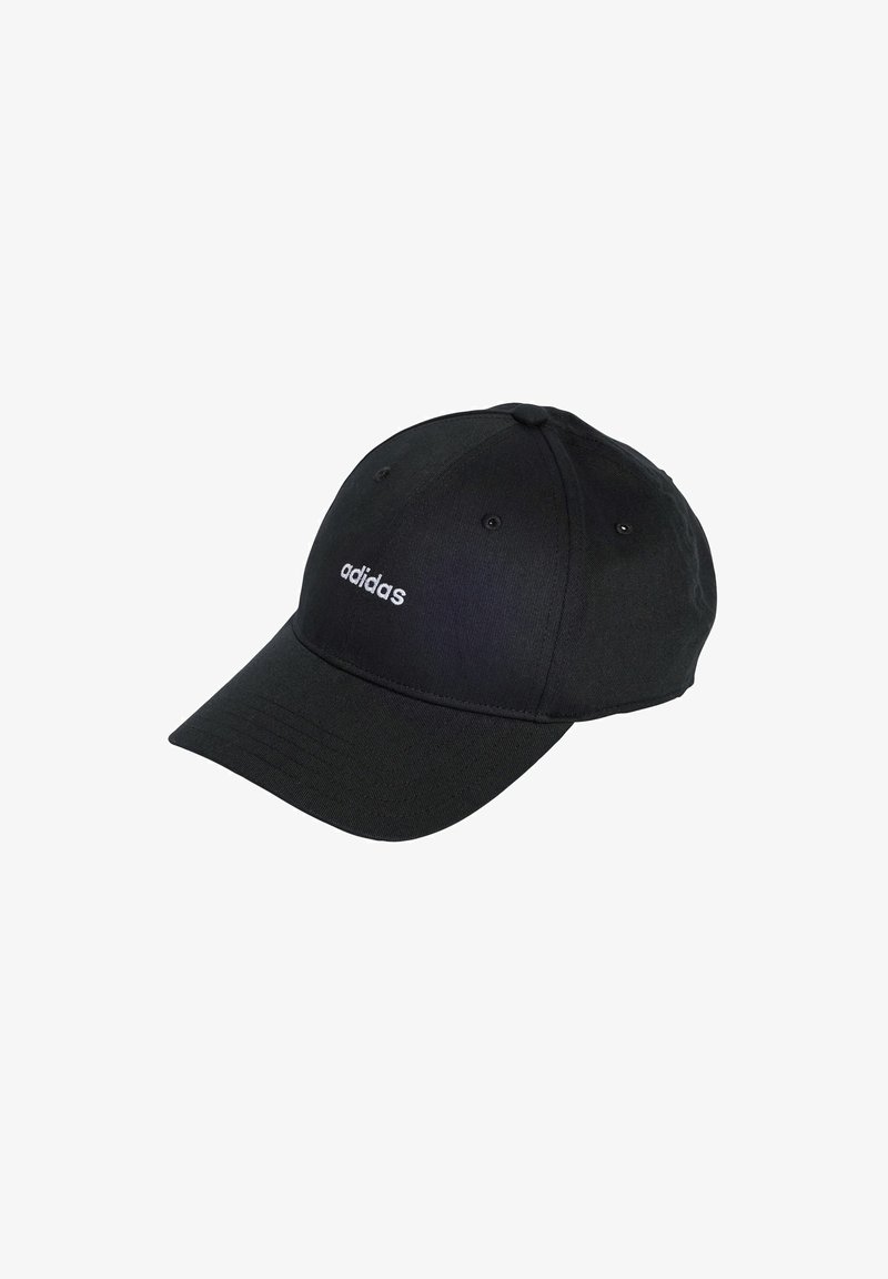 Black cap made of fabric with a curved brim. Features white "adidas" logo on the front, six panels, and ventilation eyelets.