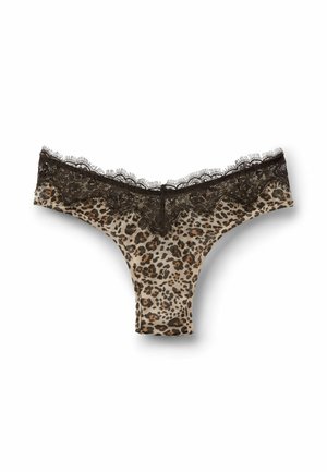 Kvinders g-streng med leopardprint og sort blonderkant langs øverste kant, lagt fladt på en hvid baggrund.