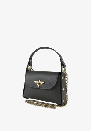 Schwarze Lederhandtasche mit goldener Bienenverzierung, goldener Kettenriemen und kleinem oberen Griff mit goldenen Nieten.