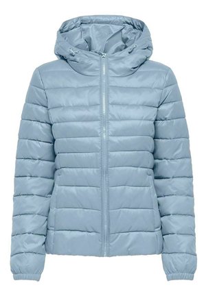 Lyseblå quiltet dunjakke med frontlynlås, elastiske manchetter og justerbar hætte med snore.