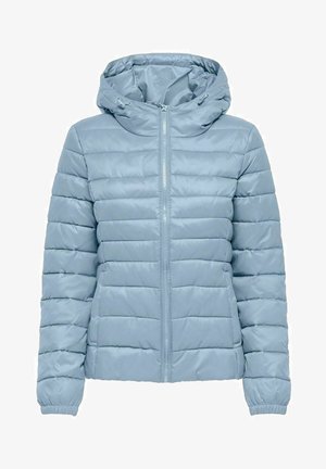 Lyseblå quiltet dunjakke med frontlynlås, elastiske manchetter og justerbar hætte med snore.