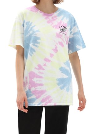 Person wearing a pastel tie-dye t-shirt with blue, pink, and yellow swirls and a small "VANS off the wall" logo on the chest.