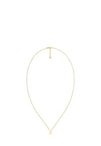 Collar de metal dorado con una cadena fina, que presenta un colgante de cruz minimalista en el centro y un cierre ajustable para la longitud.