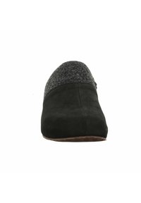 Black suede slip-on shoe with a gray felt upper, rounded toe, and textured brown rubber sole. Simple design with no visible hardware.