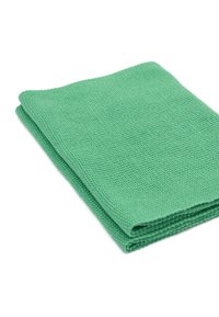 Zielony, fakturowany bawełniany materiał starannie złożony. Charakteryzuje się tkanym wzorem i miękkim, przewiewnym wykończeniem. Ma prostokątny kształt.